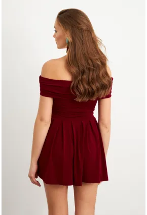 Kadın Bordo Madonna Yaka Midi Elbise MON1262-1