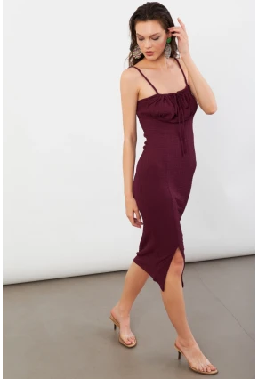 Kadın Bordo Önü Bağlamalı Rustik Midi Elbise FRO2001