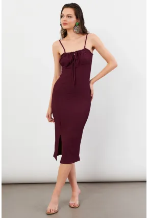 Kadın Bordo Önü Bağlamalı Rustik Midi Elbise FRO2001
