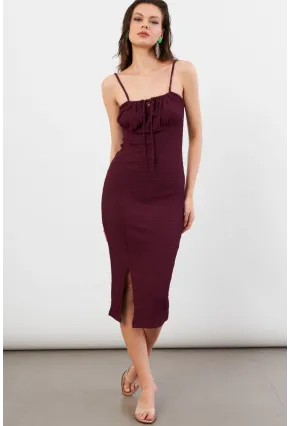 Kadın Bordo Önü Bağlamalı Rustik Midi Elbise FRO2001