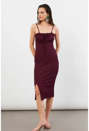Kadın Bordo Önü Bağlamalı Rustik Midi Elbise FRO2001