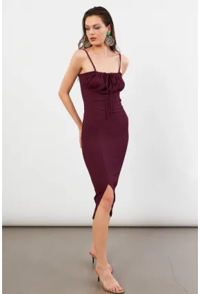 Kadın Bordo Önü Bağlamalı Rustik Midi Elbise FRO2001
