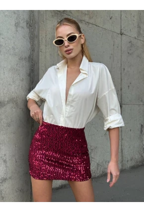 Kadın Bordo Payetli Şortlu Mini Etek