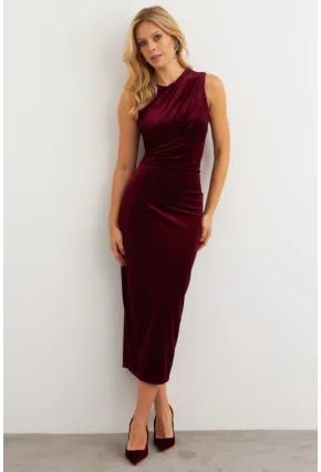 Kadın Bordo Simli Drapeli Maxi Elbise KED4481