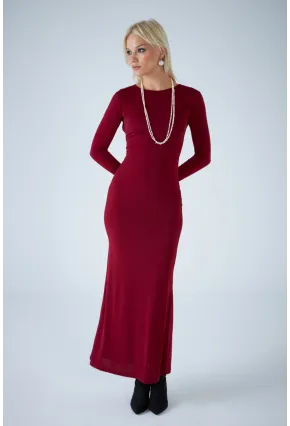 Kadın Bordo Sırt Detaylı Maxi Elbise HO58