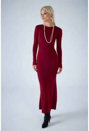 Kadın Bordo Sırt Detaylı Maxi Elbise HO58