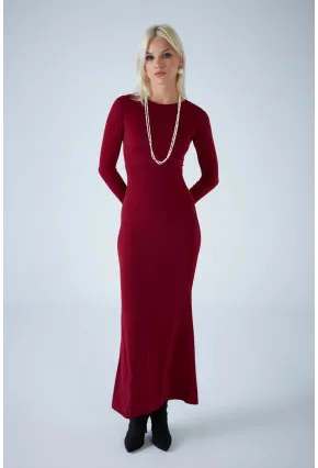 Kadın Bordo Sırt Detaylı Maxi Elbise HO58
