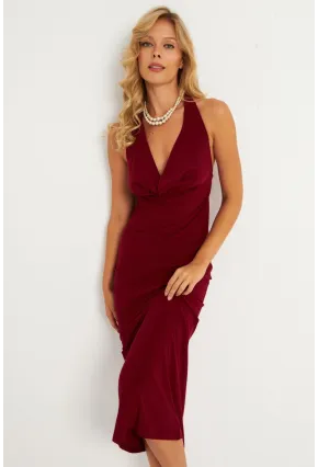 Kadın Bordo Sırtı Açık Degaje Midi Yılbaşı Elbise GÇ177