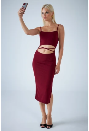 Kadın Bordo Sırtı Açık Pencereli Midi Elbise CEL001