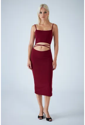 Kadın Bordo Sırtı Açık Pencereli Midi Elbise CEL001