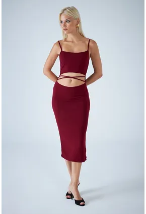 Kadın Bordo Sırtı Açık Pencereli Midi Elbise CEL001