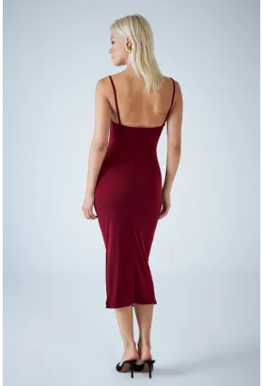 Kadın Bordo Sırtı Açık Pencereli Midi Elbise CEL001