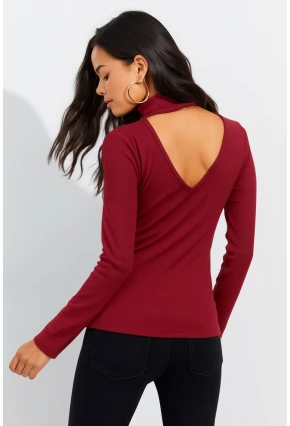 Kadın Bordo Sırtı V Balıkçı Bluz EY1106