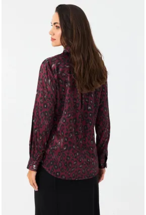 Kadın Bordo-Siyah Leopar Desenli Saten Gömlek MRAD5901-1