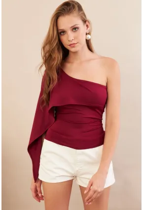 Kadın Bordo Tek Omuz Bluz AN6015