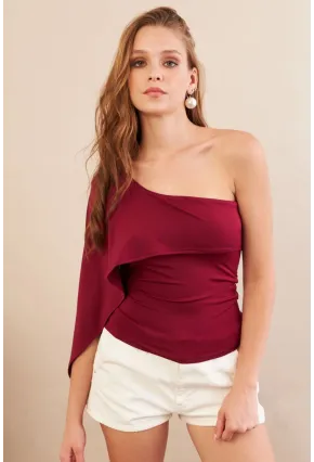 Kadın Bordo Tek Omuz Bluz AN6015