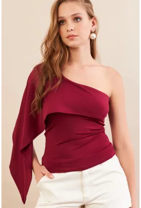 Kadın Bordo Tek Omuz Bluz AN6015