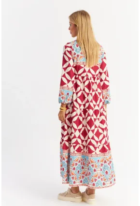 Kadın Bordo Volanlı Desenli Maxi Elbise MYLE14