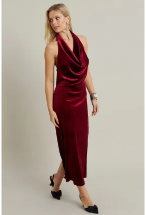 Kadın Bordo Yılbaşı Degaje Yaka Uzun Elbise GÇ197