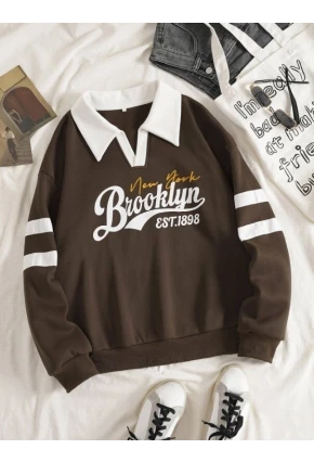Kadın Brooklyn Retro Kolej Sweatshirt Kahverengi