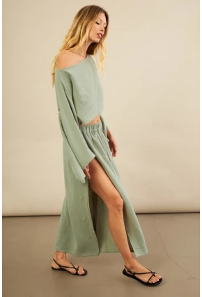 Kadın Çağla Yarasa Kol Crop Müslin Etek Takım BTY104