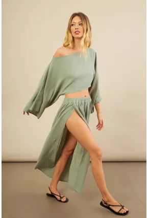 Kadın Çağla Yarasa Kol Crop Müslin Etek Takım BTY104