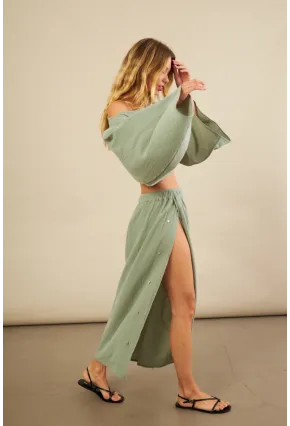 Kadın Çağla Yarasa Kol Crop Müslin Etek Takım BTY104