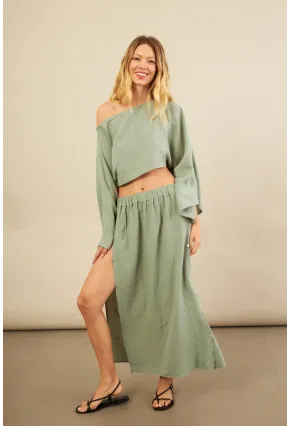 Kadın Çağla Yarasa Kol Crop Müslin Etek Takım BTY104