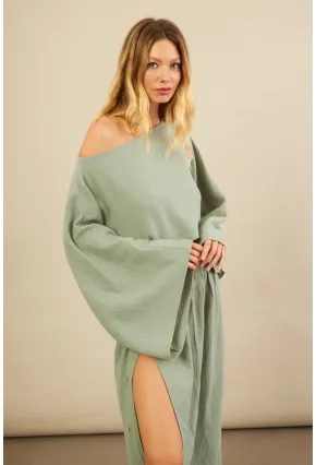 Kadın Çağla Yarasa Kol Crop Müslin Etek Takım BTY104