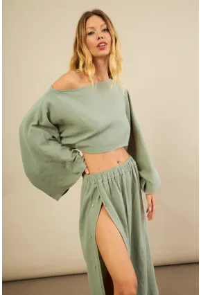 Kadın Çağla Yarasa Kol Crop Müslin Etek Takım BTY104