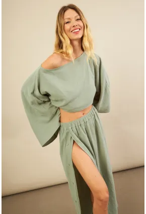 Kadın Çağla Yarasa Kol Crop Müslin Etek Takım BTY104