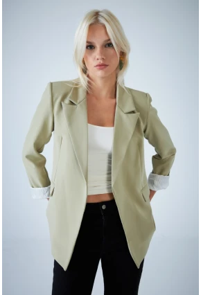 Kadın Çağla Yeşili Çizgi Astarlı Blazer Ceket BES3049