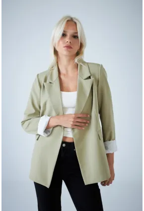 Kadın Çağla Yeşili Çizgi Astarlı Blazer Ceket BES3049