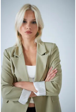 Kadın Çağla Yeşili Çizgi Astarlı Blazer Ceket BES3049