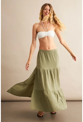 Kadın Çağla Yeşili Yırtmaçlı Müslin Etek ÖM7016
