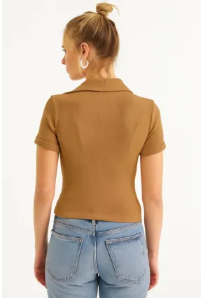 Kadın Camel Aksesuarlı Crop Bluz COL3008