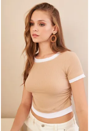 Kadın Camel Büzgülü Beyaz Garnili Bluz MX9465