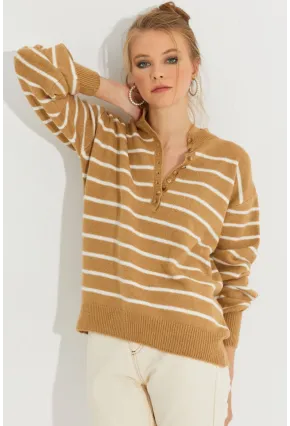 Kadın Camel Çizgili Triko Kazak SMT219