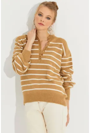 Kadın Camel Çizgili Triko Kazak SMT219