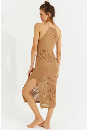 Kadın Camel Halter Yaka Ajurlu Midi Elbise SF2506