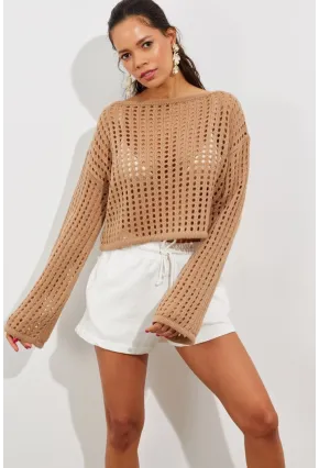 Kadın Camel İspanyol Kol Ajurlu Triko Kısa Bluz SMT181