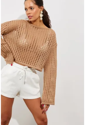 Kadın Camel İspanyol Kol Ajurlu Triko Kısa Bluz SMT181