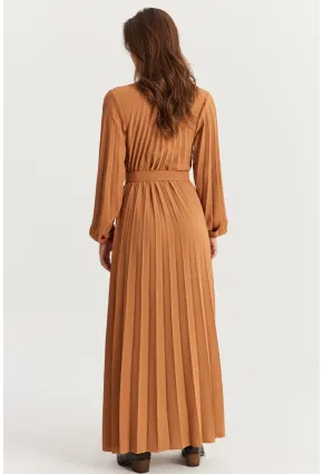 Kadın Camel Kemerli Plili Maxi Elbise ALZ500