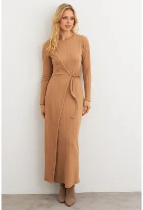 Kadın Camel Kruvaze Maxi Elbise COL31
