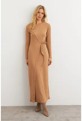 Kadın Camel Kruvaze Maxi Elbise COL31