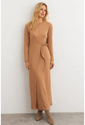 Kadın Camel Kruvaze Maxi Elbise COL31
