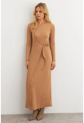 Kadın Camel Kruvaze Maxi Elbise COL31