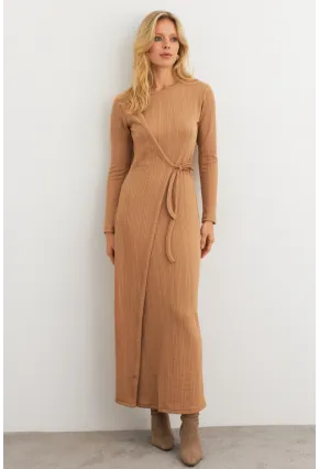 Kadın Camel Kruvaze Maxi Elbise COL31