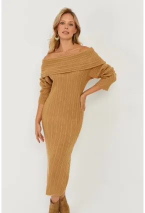 Kadın Camel Madonna Yaka Triko Midi Elbise KZ2503