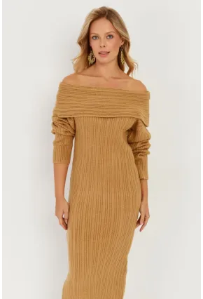 Kadın Camel Madonna Yaka Triko Midi Elbise KZ2503